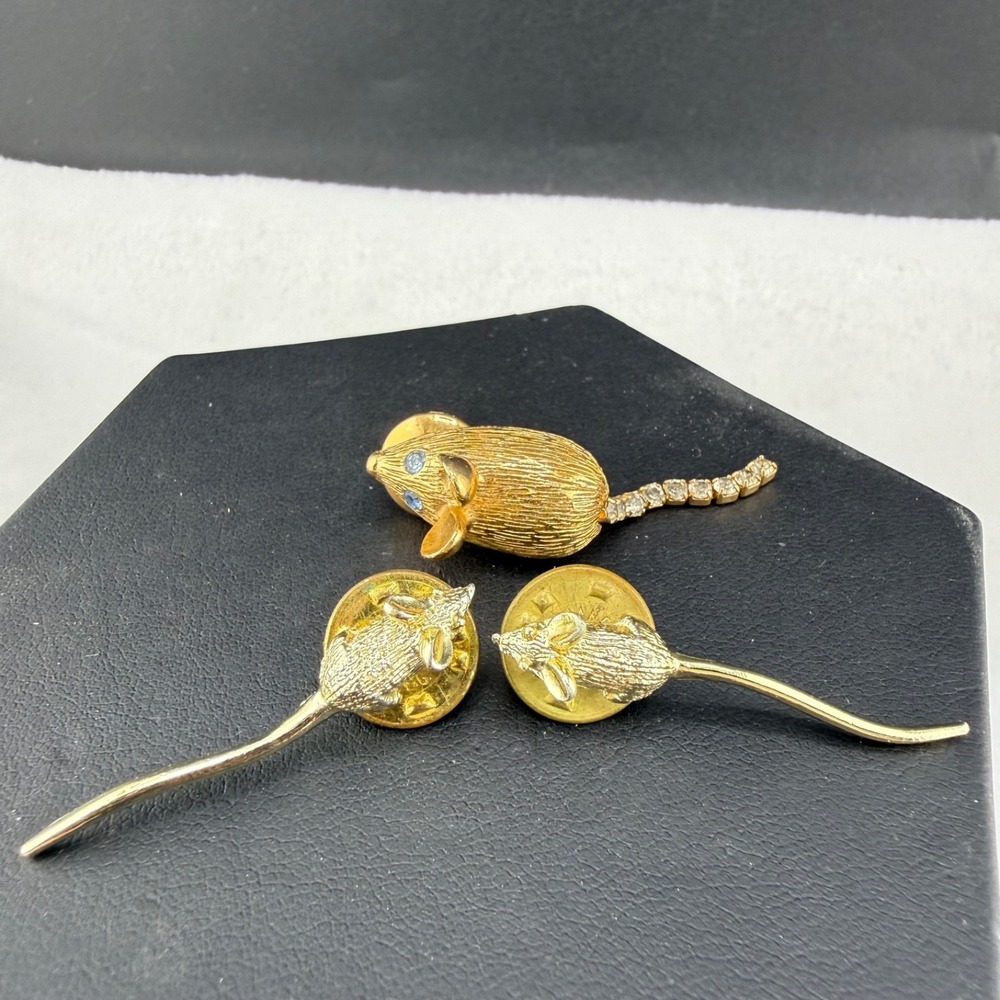 Vintage Avon Nemo Mouse Pin Set Gold Tone Rhinestone Animal 3pc